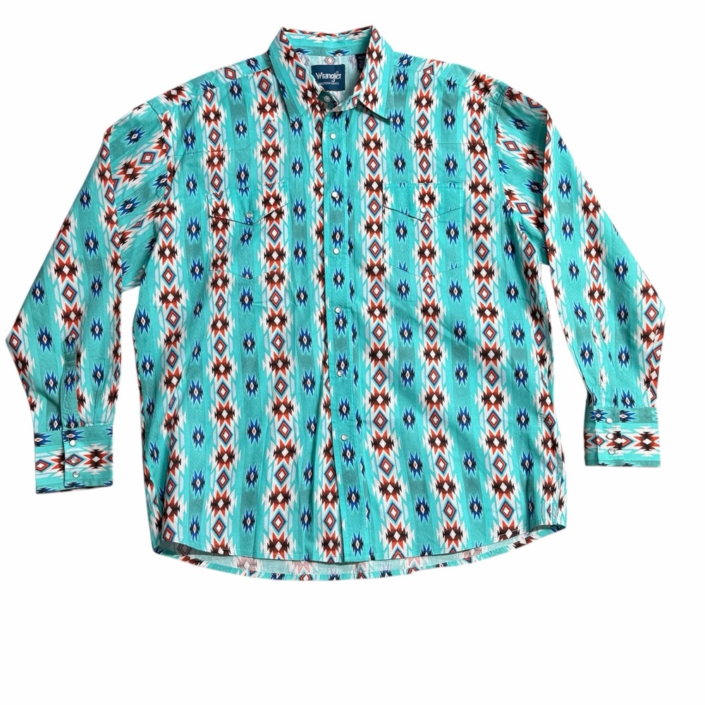 Wrangler Men's XL Pearl Snap Western Shirt Southwest Aztec Turquoise Red Blue LS
